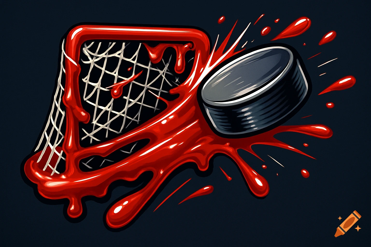 Stylized illustration of a hockey puck ripping through a net, with red sauce splattering, against a dark background.