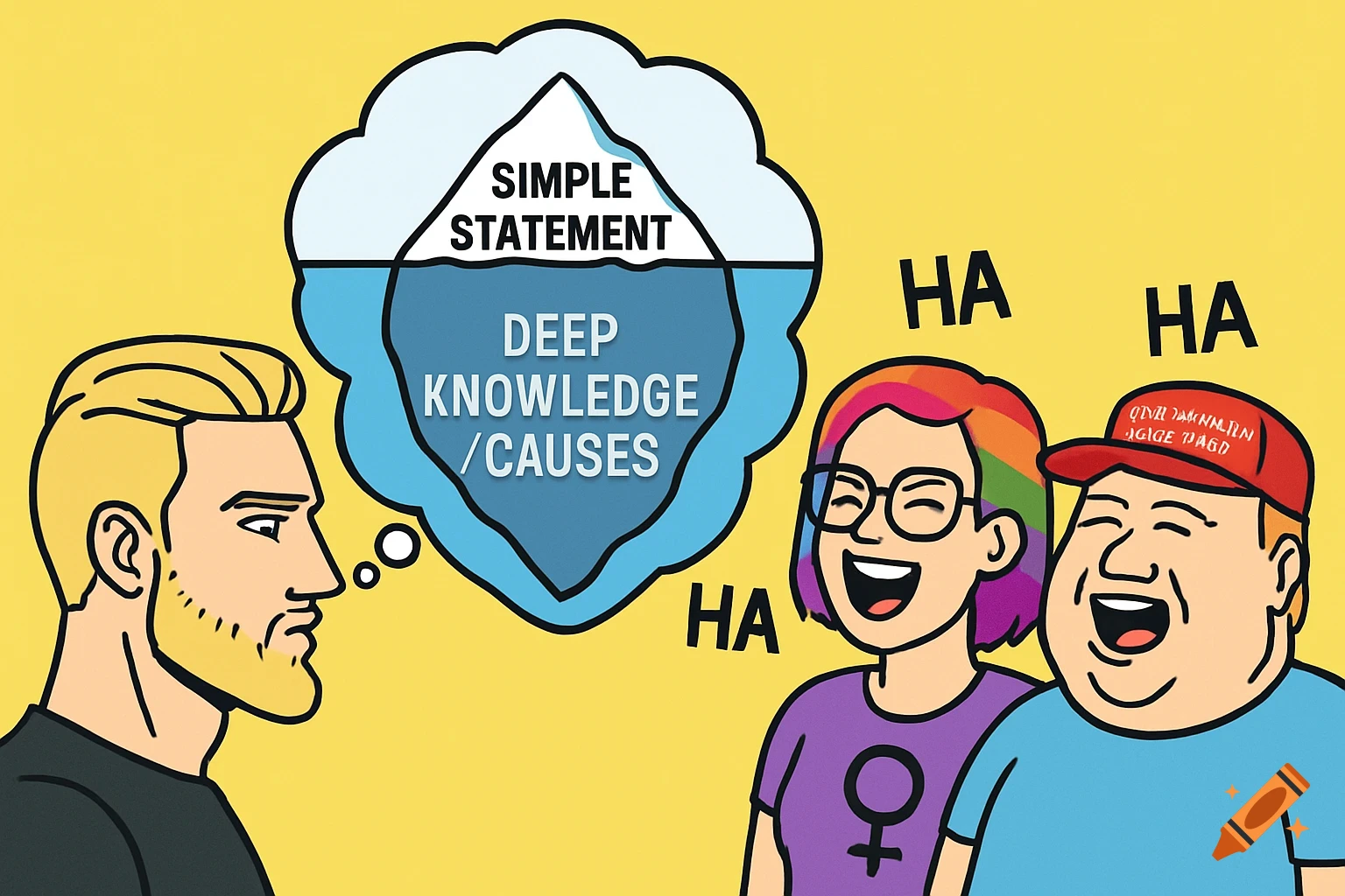 A cartoon meme showing a blonde man with a beard thinking, represented by an iceberg thought bubble labeled 'SIMPLE STATEMENT' above water and 'DEEP KNOWLEDGE / CAUSES' below. Two laughing cartoon characters, a rainbow-haired person and a man in a red hat, mock him from the right.