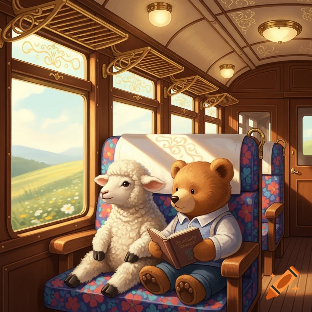A fluffy white lamb and a brown teddy bear sit in a vintage train carriage, looking out at a green, flowery landscape.