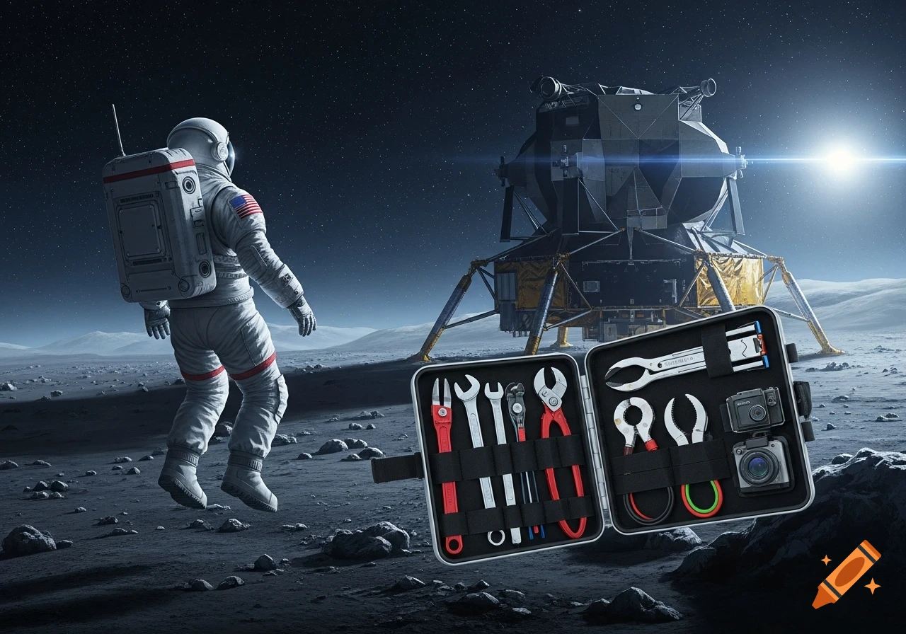 An astronaut floats above a moon-like surface, looking towards a lunar lander, next to an open toolbox with various tools inside, in a digital illustration.
