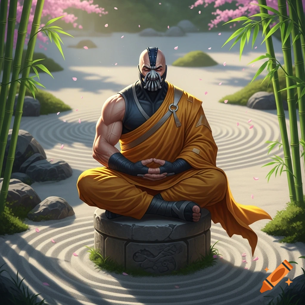 A muscular, masked character resembling Bane in a yellow monk's robe meditates in a peaceful zen garden with bamboo and cherry blossoms.