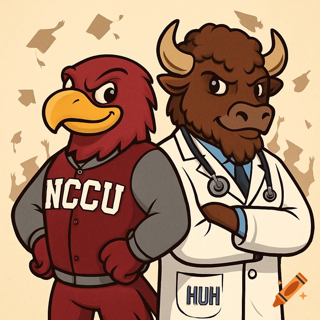 Cartoon of an eagle mascot in a maroon NCCU jacket and a bison mascot in a doctor's coat with a stethoscope and HUH on the pocket, with graduation caps in background.
