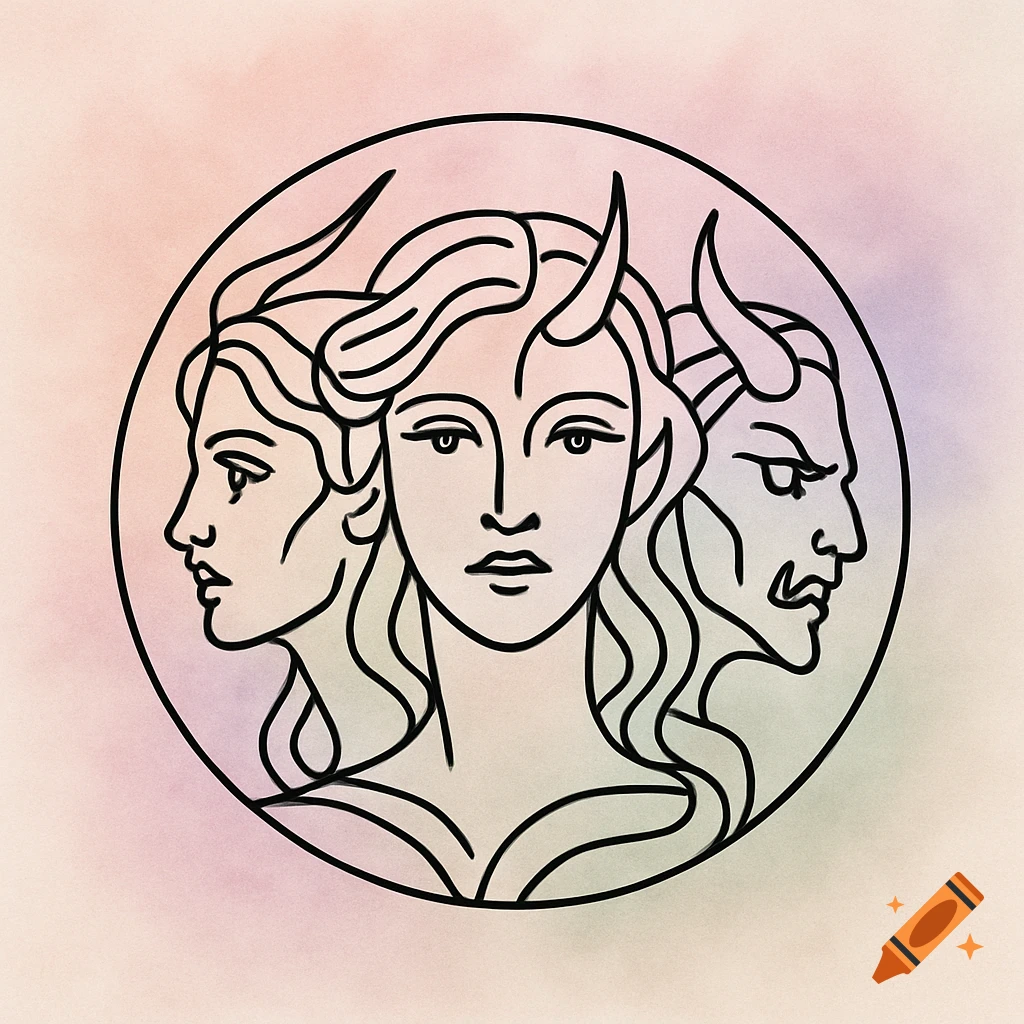Monoline line art logo with three intertwined faces: human, horned, and demonic, on a pastel background.