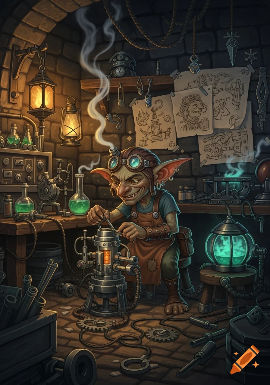 A detailed fantasy art image of a goblin artificer with goggles, working on a glowing invention in a cluttered stone workshop with flasks and schematics.