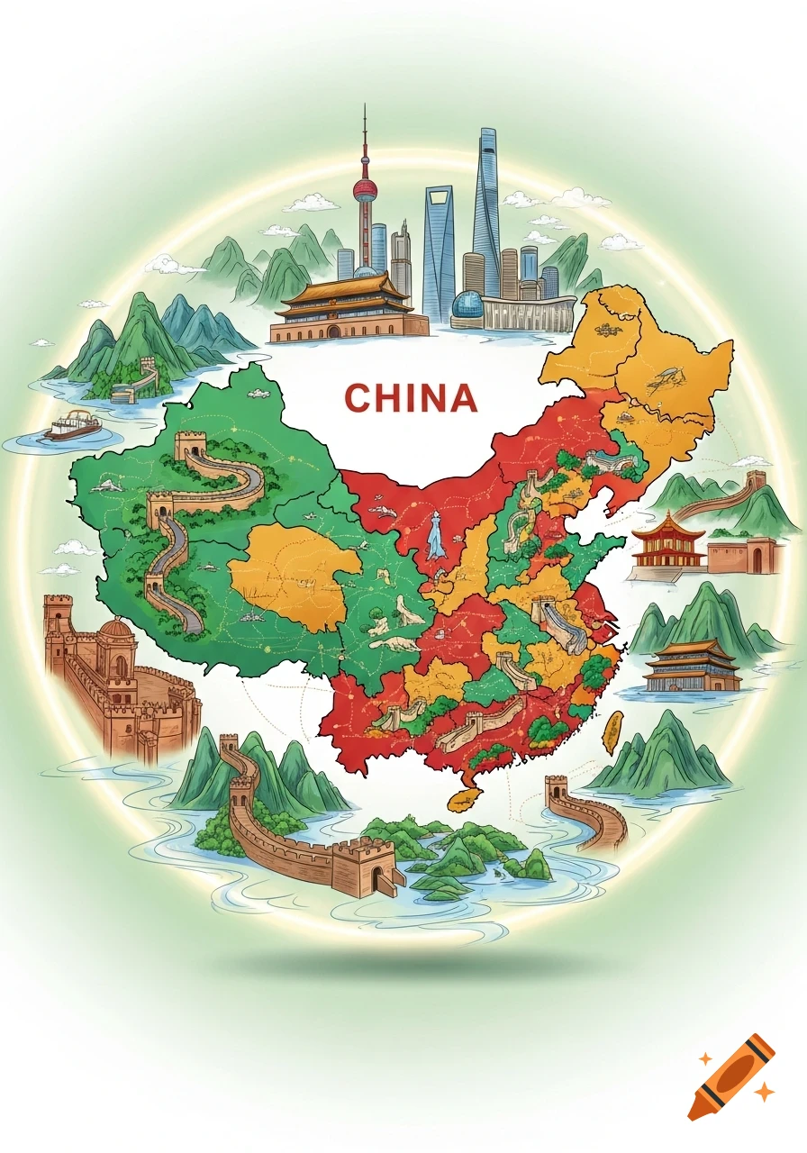 Illustrated map of China featuring the Great Wall, modern skyscrapers, traditional temples, mountains, and rivers.