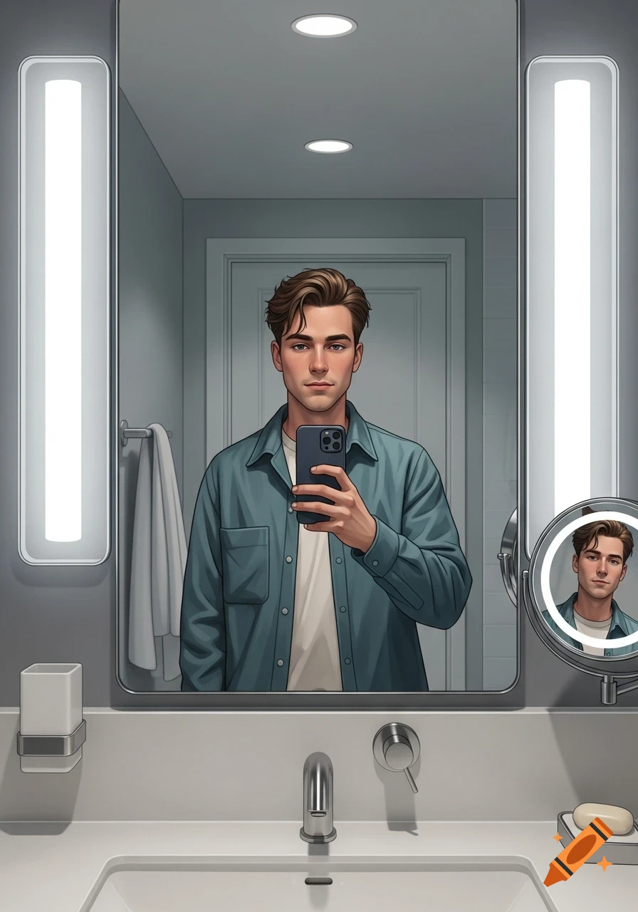 A stylized illustration of a young man in a blue shirt taking a mirror selfie in a modern bathroom.