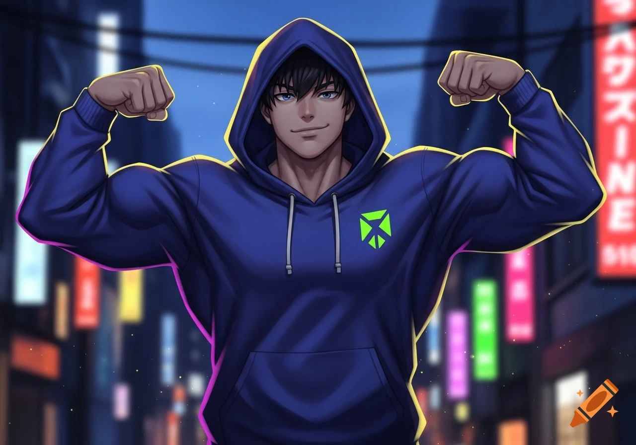Muscular anime teenager in a blue hoodie flexing his biceps in a neon city street at night.