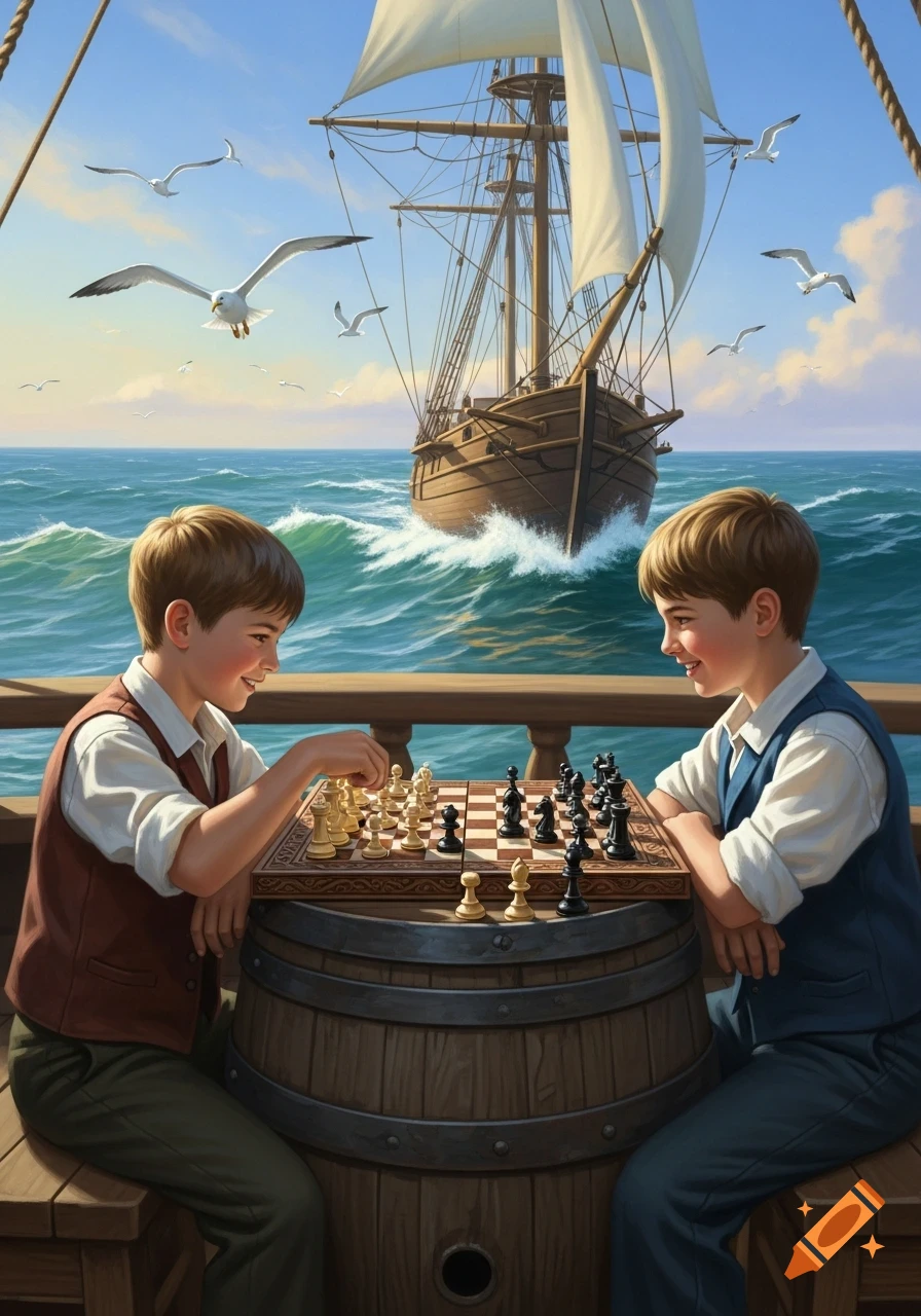Two boys play chess on the deck of a sailing ship at sea, with seagulls flying under a clear sky.