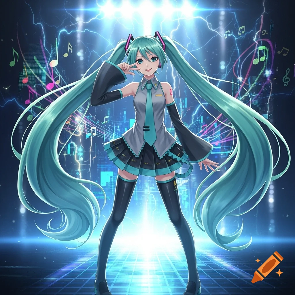 Hatsune Miku in her signature outfit, posing against a dynamic blue lightning and musical note background.