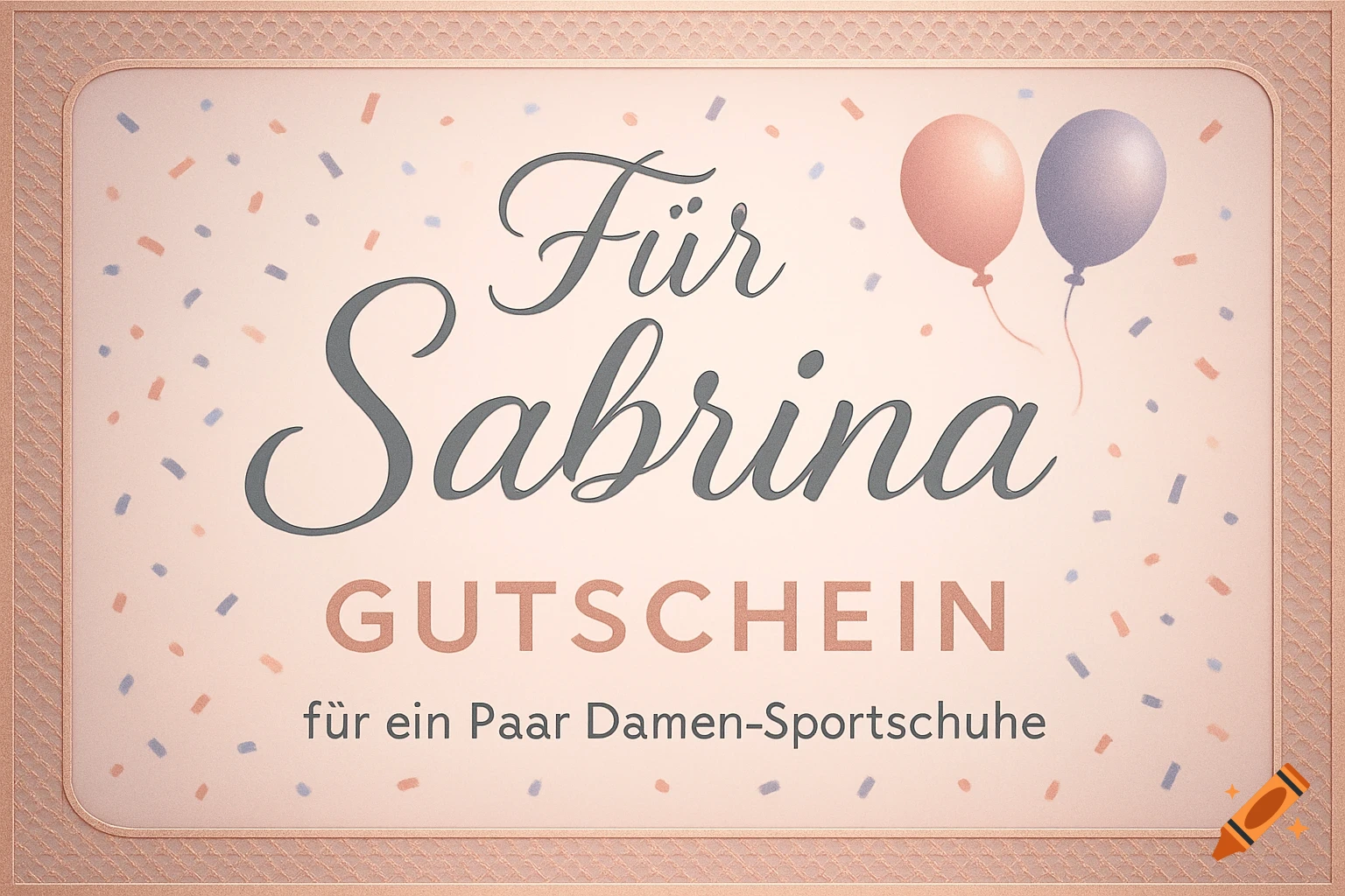 A decorative pink birthday gift card with confetti and two balloons, featuring the text "F r Sabrina", "GUTSCHEIN", and "f ein Paar Damen-Sportschuhe".