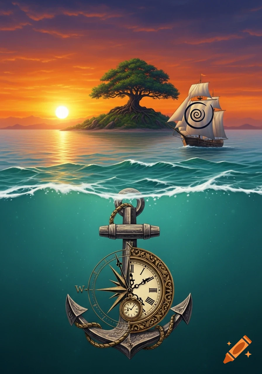 A stylized split view of a sunset over the sea with an island and a ship, and an anchor with a compass and clock underwater.