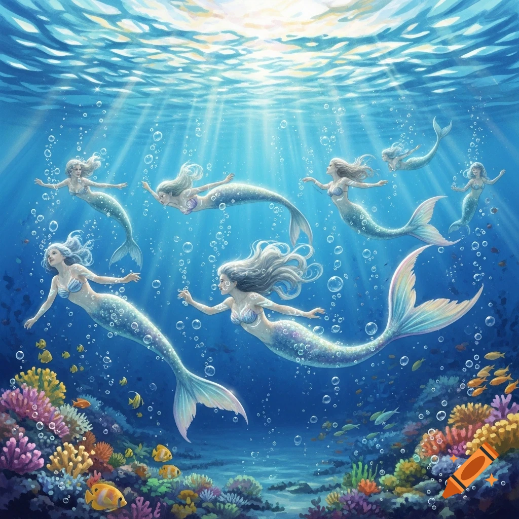Seven mermaids with flowing hair swim gracefully underwater amidst a vibrant coral reef, with sunbeams filtering from the surface.