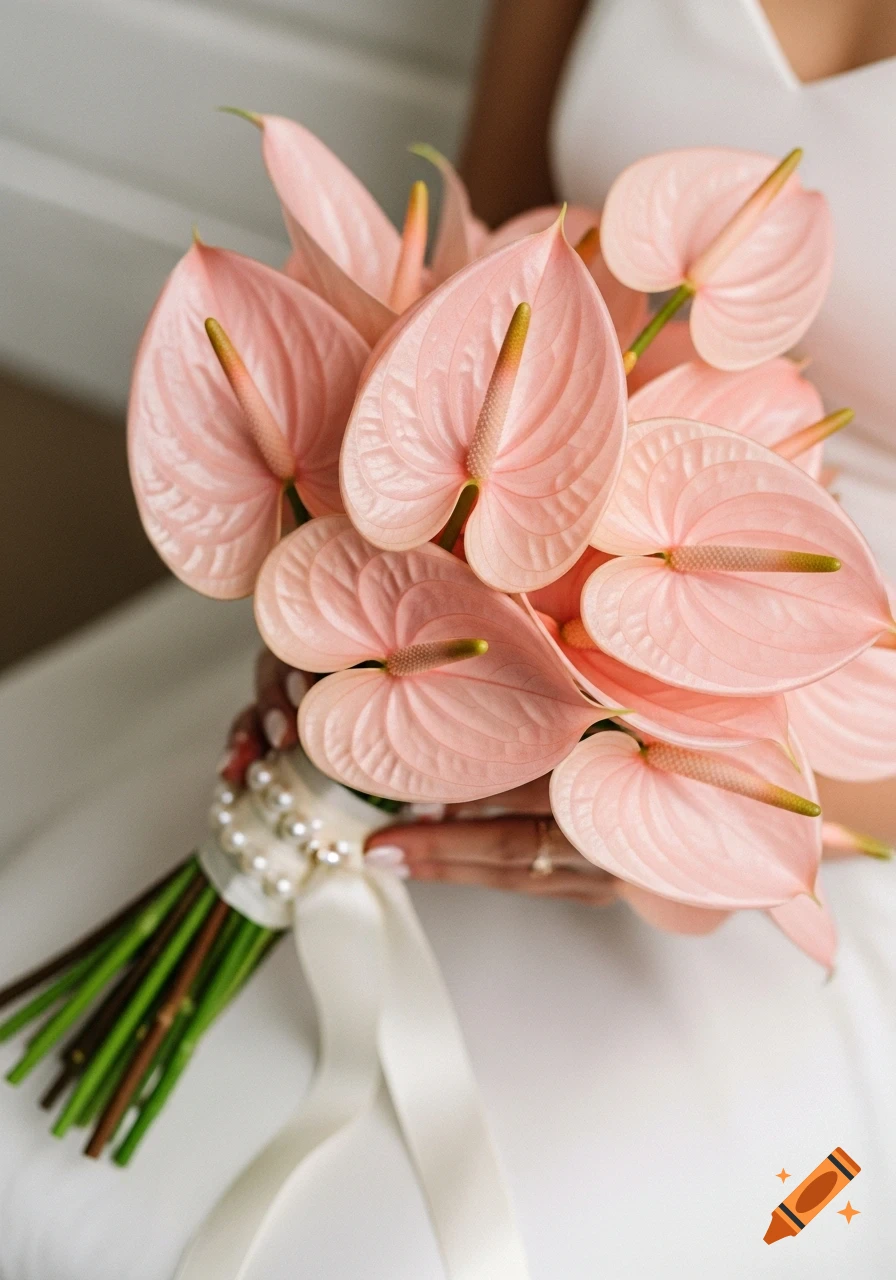 A close-up of a bride holding a wedding bouquet of pink anthurium flowers, wrapped with white ribbon and pearls.