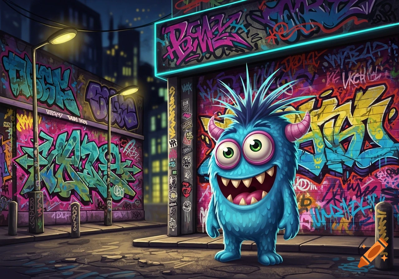 A cute blue monster with pink horns and green eyes smiles in a vibrant, neon-lit city street covered in colorful graffiti.