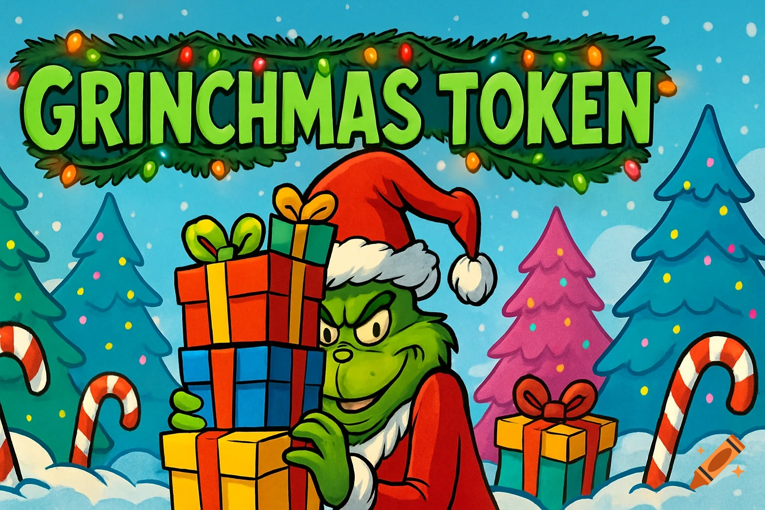 A cartoon Grinch-like character in a Santa hat smiles mischievously while holding Christmas gifts. Text reads GRINCHMAS TOKEN.