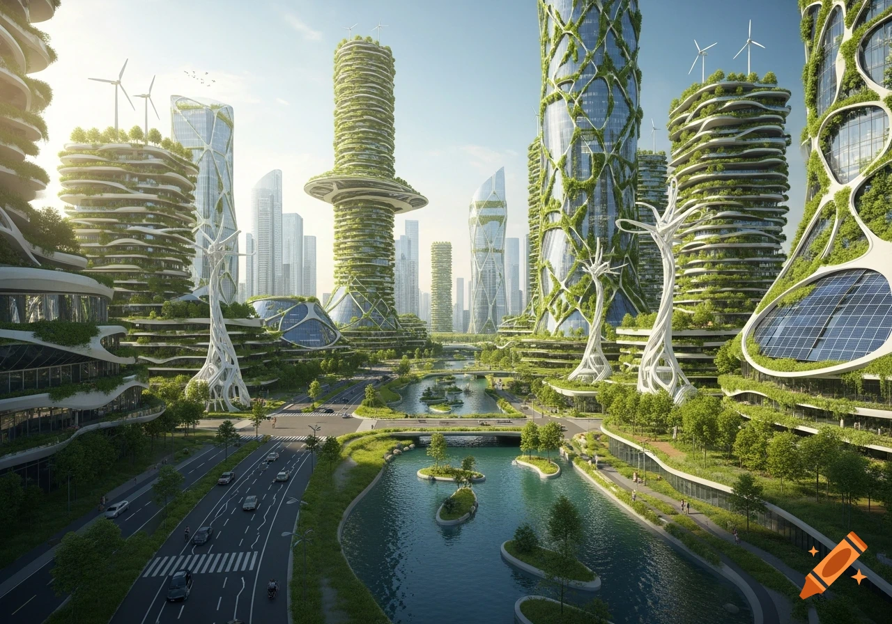 A futuristic, sustainable city with lush green skyscrapers, solar panels, wind turbines, a river with floating gardens, and car-free streets.