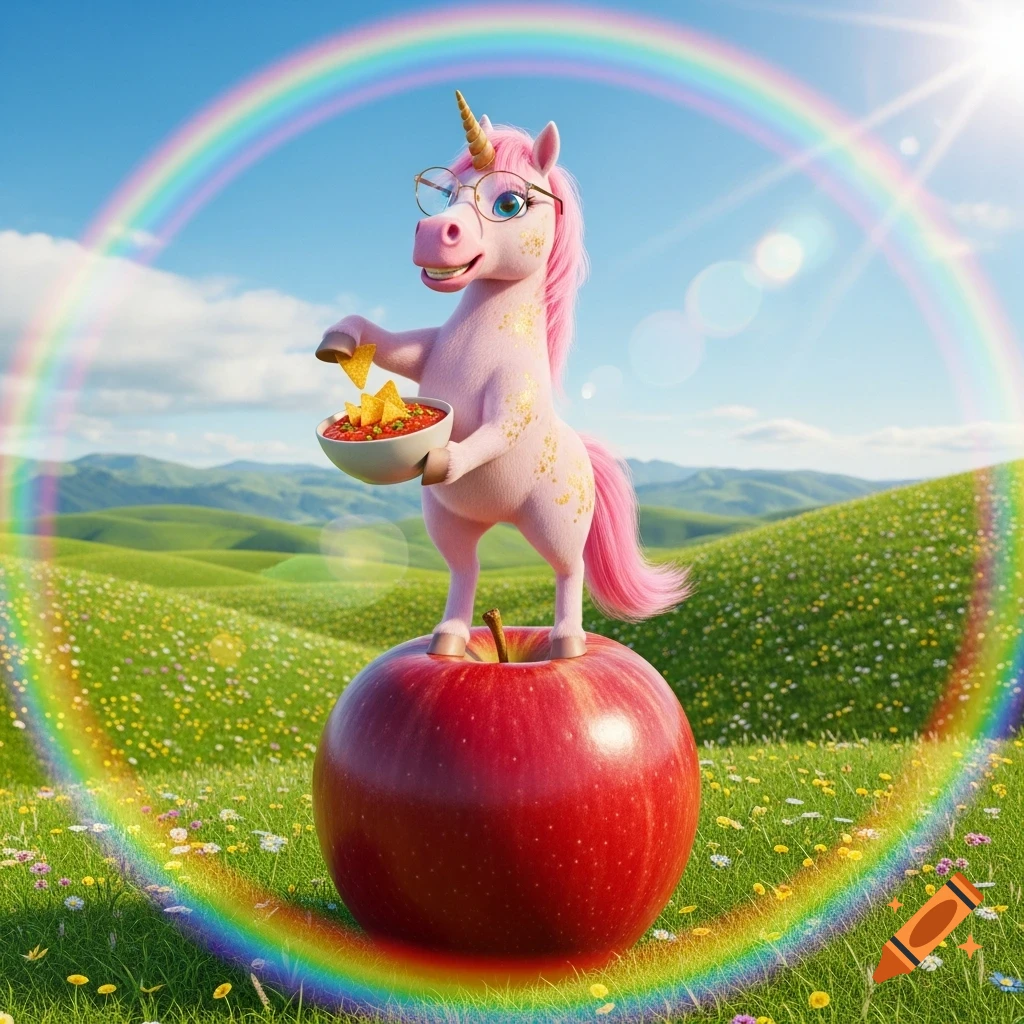A photorealistic pink unicorn with glasses stands on a red apple, eating chips and salsa in a vibrant, rainbow-filled fantasy landscape.