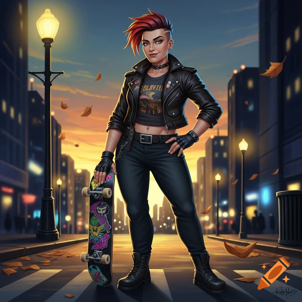 A stylized illustration of a woman with red hair and an undercut, wearing a leather jacket and dark clothes, holding a skateboard on a city street at sunset.