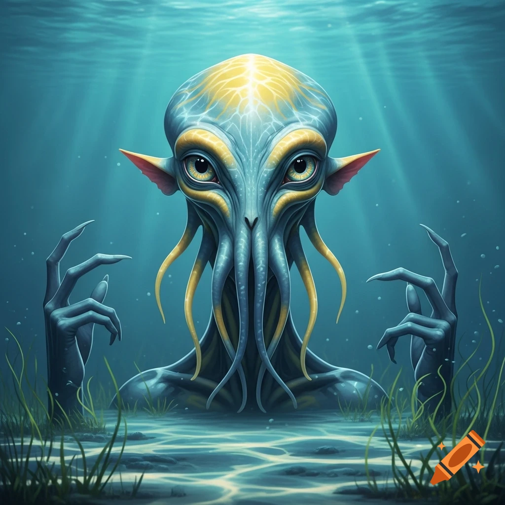 A blue and yellow aquatic alien with large eyes, an octopus-like face, and long, clawed hands emerges from the water.