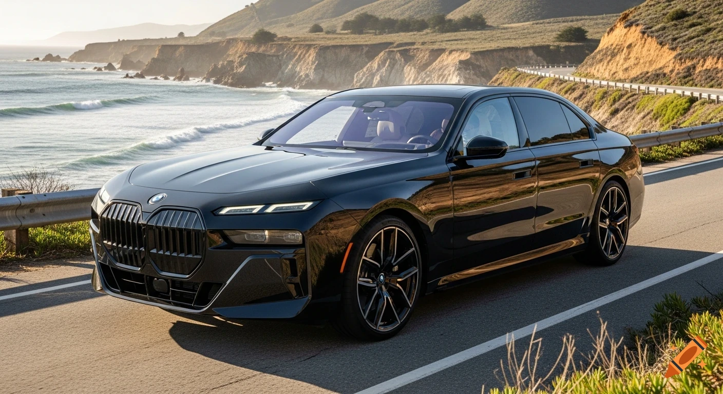 A photorealistic image of a black 2025 BMW i7 M70 with black wheels parked on a coastal road overlooking the ocean.