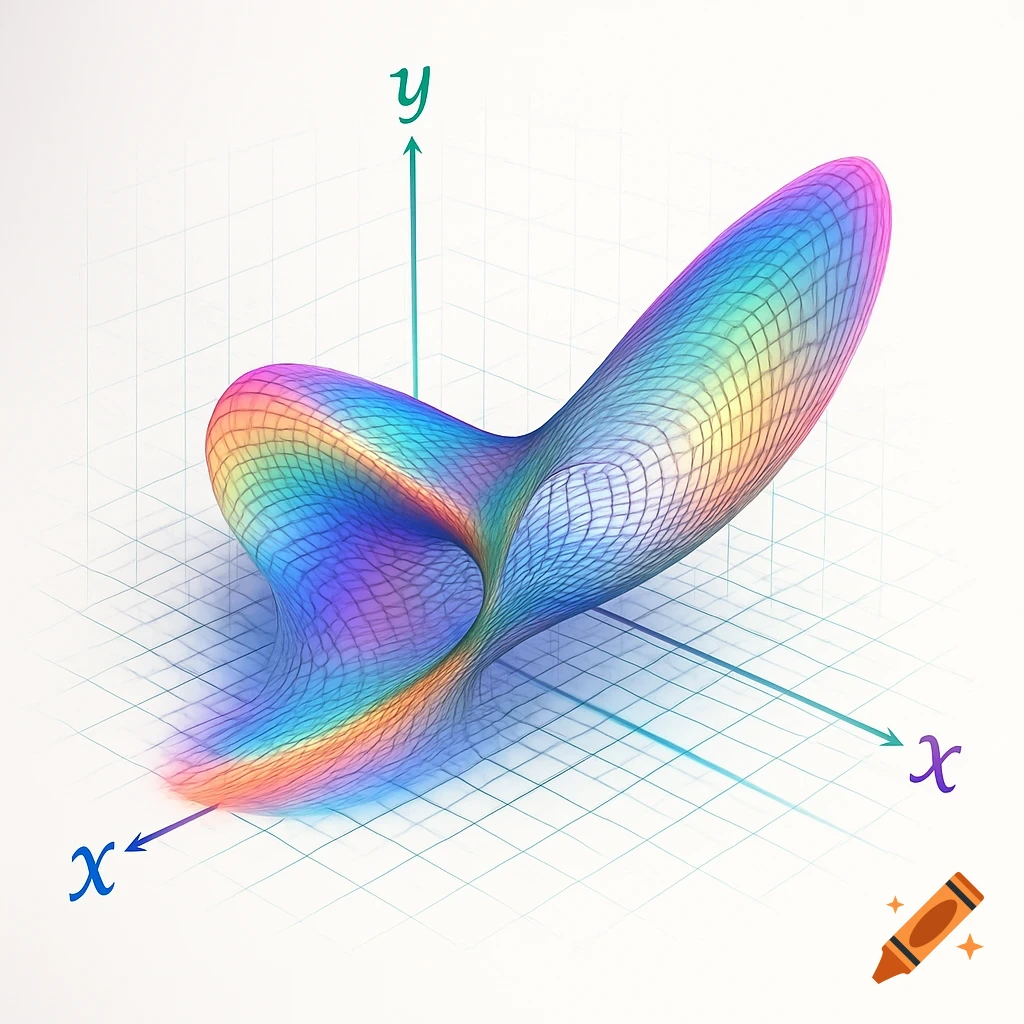 A vibrant rainbow-colored 3D mathematical function plotted on a grid with x and y axes.