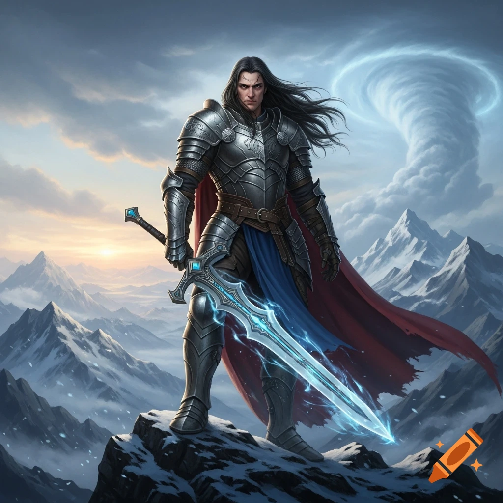 A male knight in gleaming armor stands on a snowy mountain peak, holding a glowing blue sword against a dramatic sky with a swirling cloud.