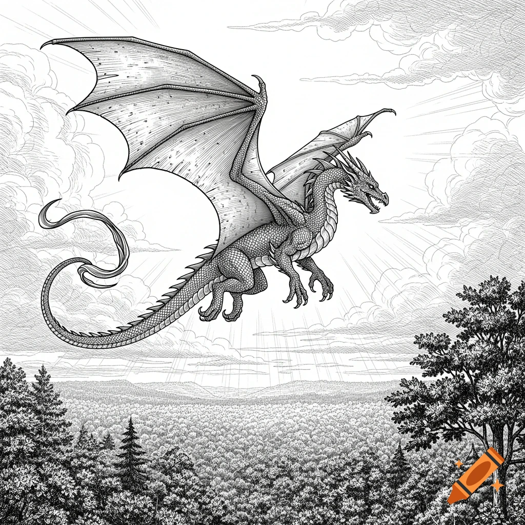 A detailed black and white engraving of a large winged dragon flying over a dense forest under a cloudy sky.