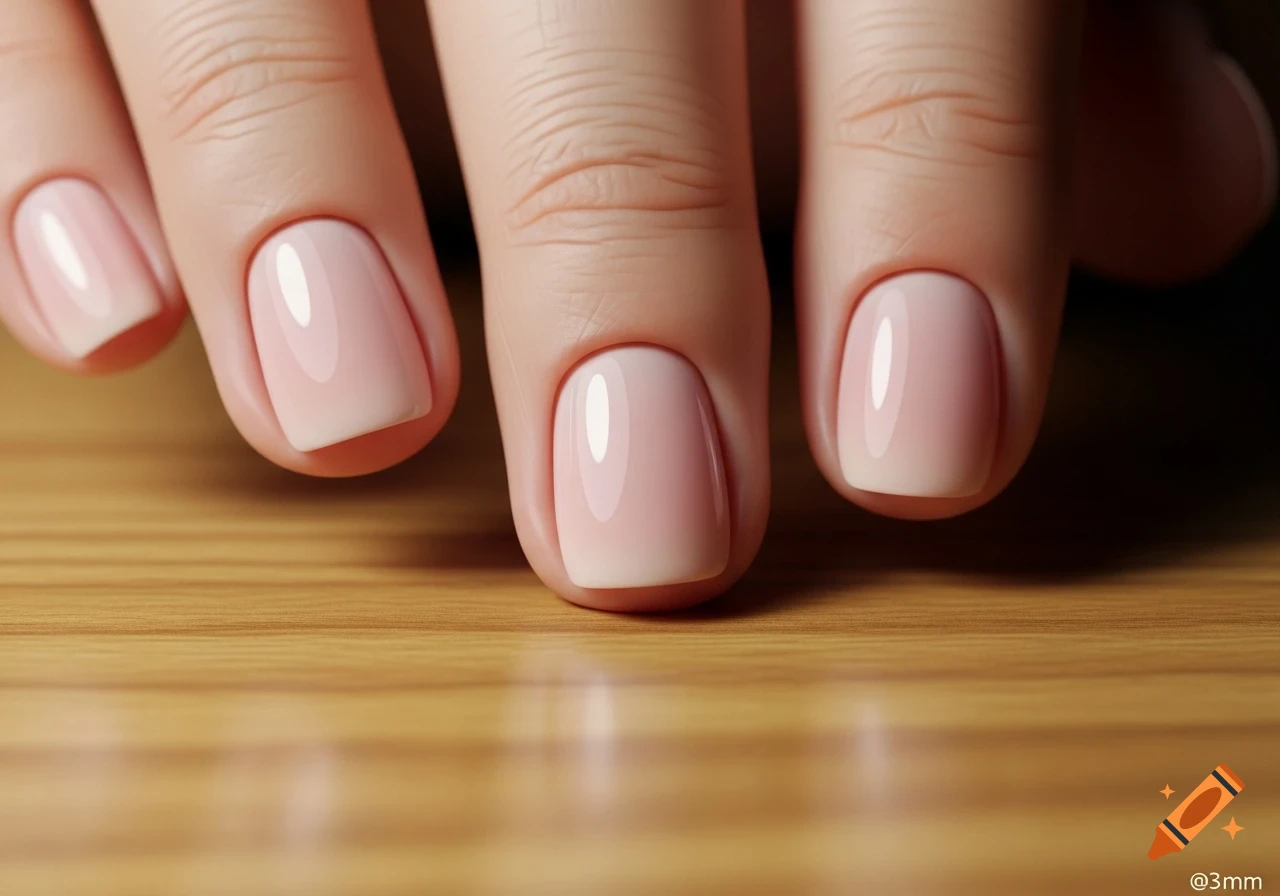Close-up of four manicured fingers with pink and white ombre nails resting on a light wooden surface.