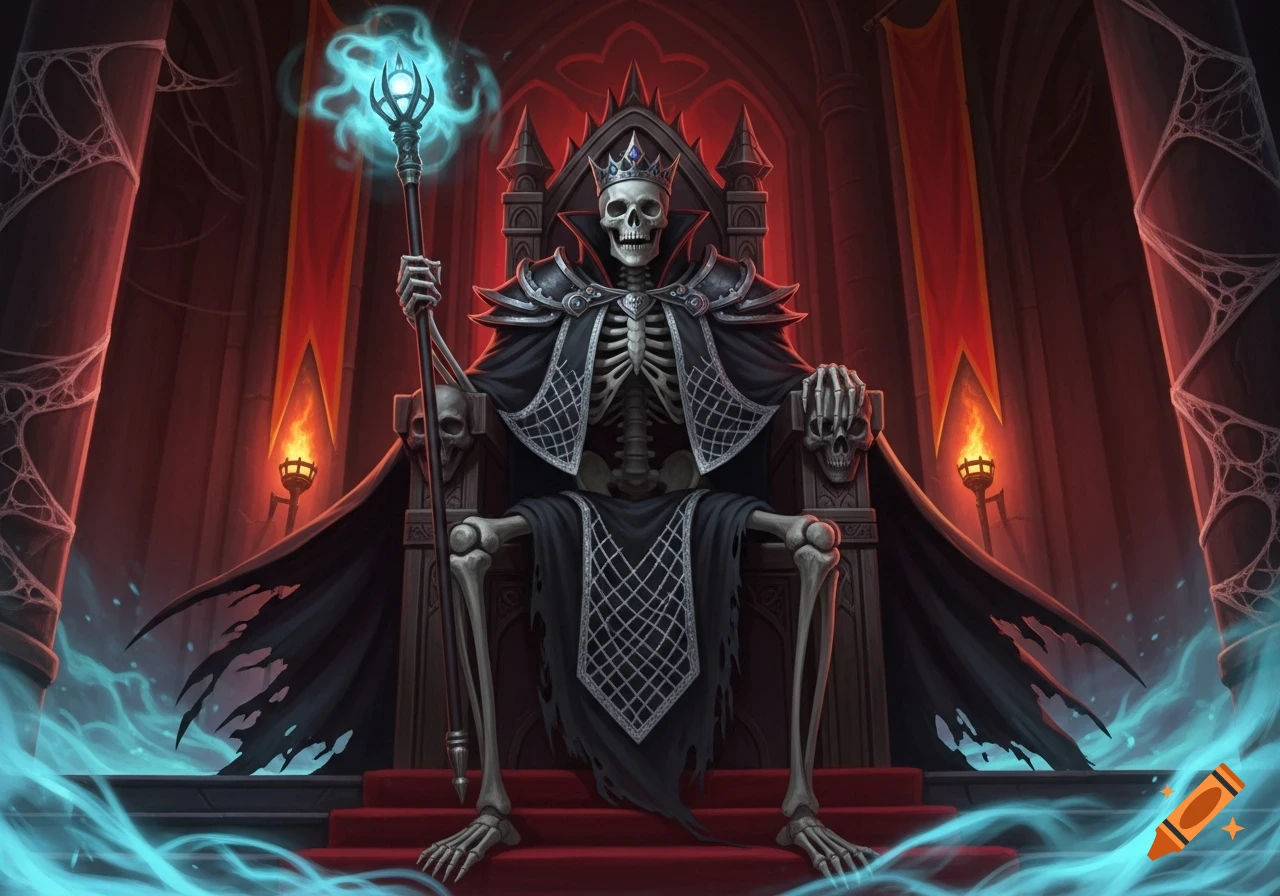 A skeleton king wearing a crown and dark robes sits on an ornate throne, holding a glowing blue magic staff in a gothic hall.