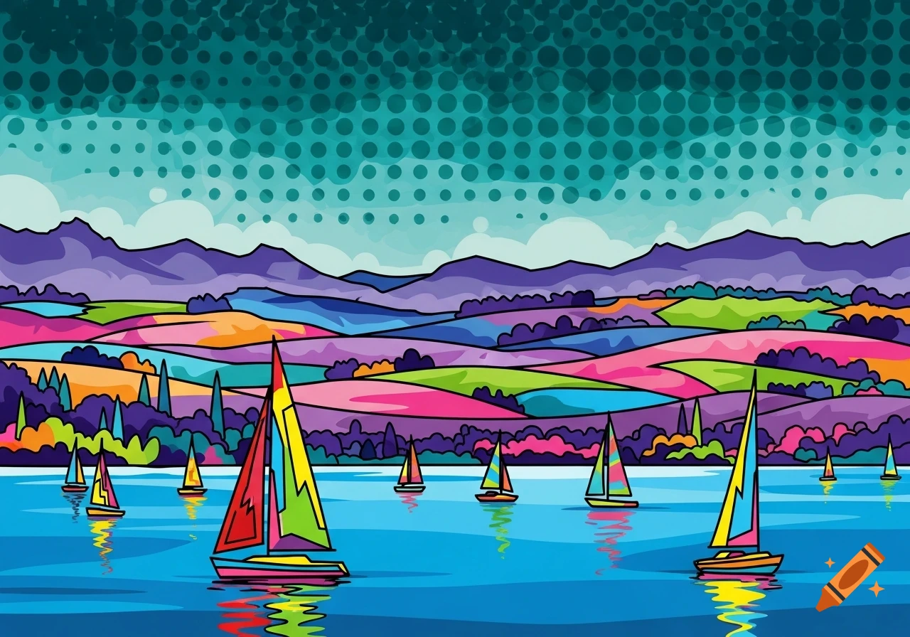 Vibrant pop art landscape with colorful sailboats on a lake, mountains, and fields under a sky with halftone dots.