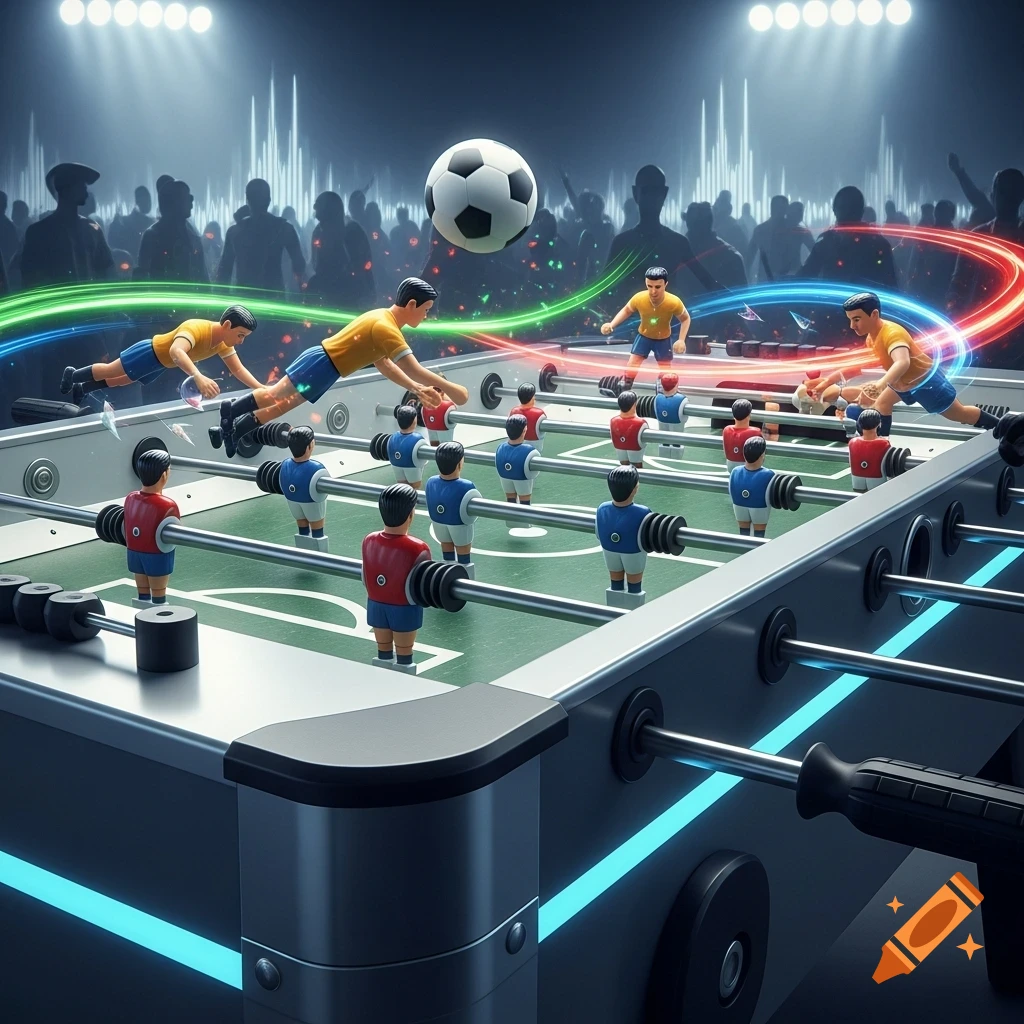 Dynamic foosball game with stylized players leaping for a soccer ball amidst glowing energy trails and a silhouetted crowd in a stadium.