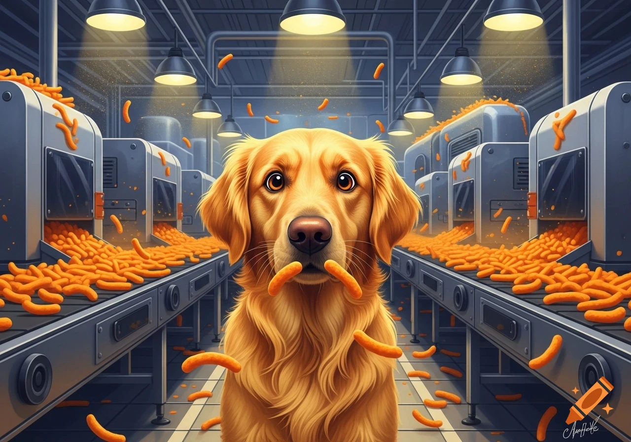 A golden retriever stands in a factory filled with orange Cheetos-like snacks on conveyor belts, with two snacks in its mouth like a mustache.