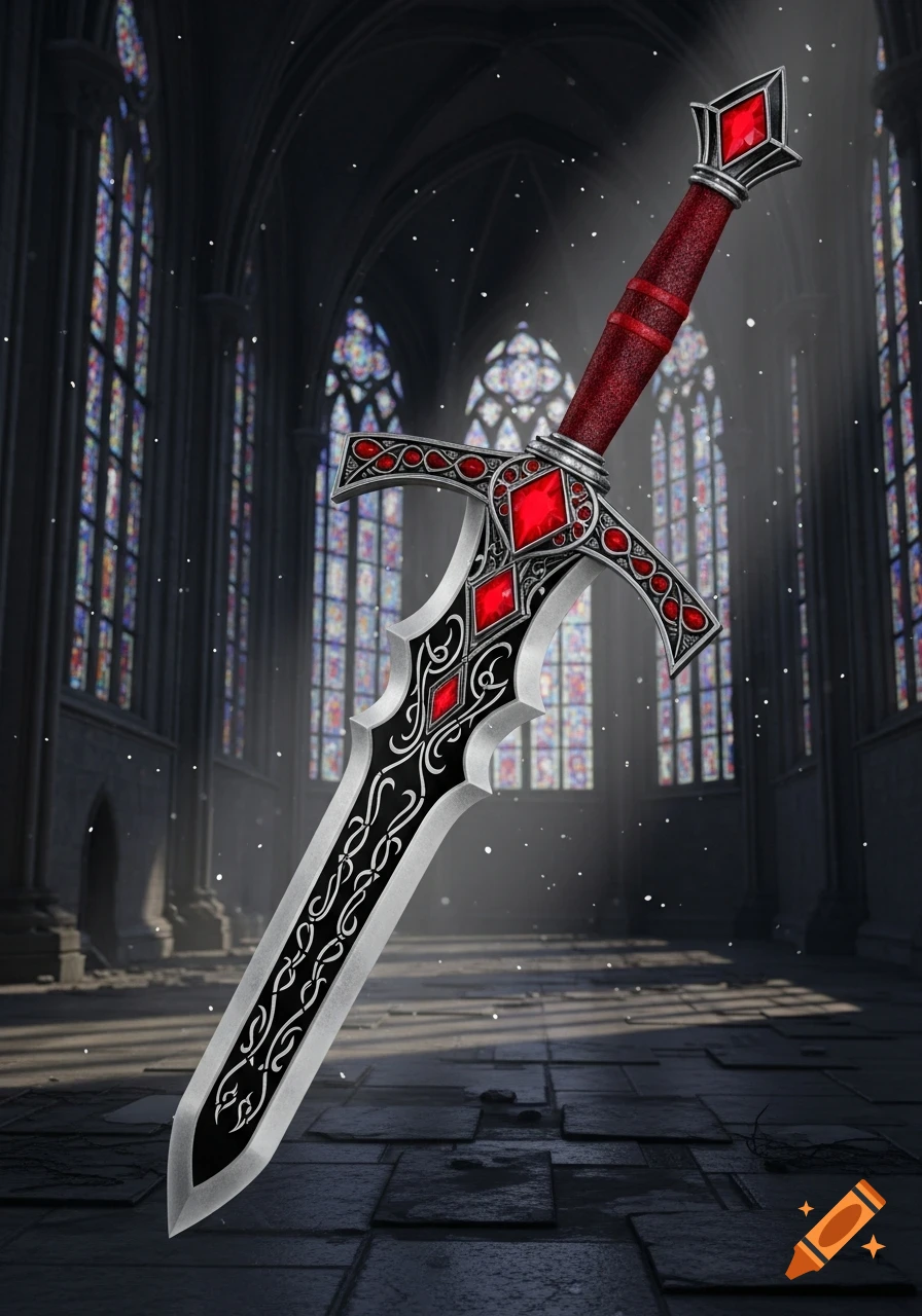 A detailed red gothic sword with a textured grip, intricate silver and black blade, and red jewels, set in a dimly lit cathedral with stained glass windows.