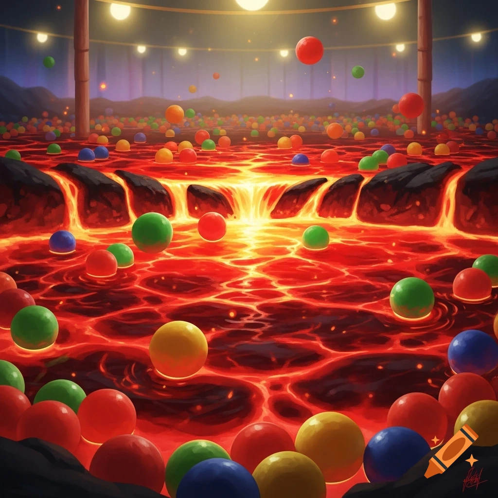 A surreal scene of a ball pit filled with glowing orange lava and colorful plastic balls under string lights.