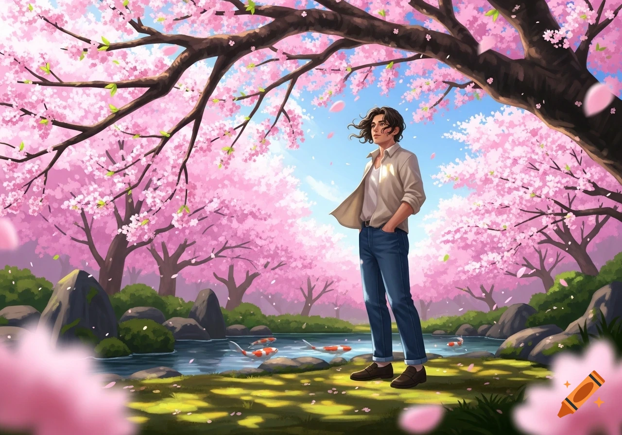 Illustrated person with long hair standing under a canopy of pink cherry blossoms in a garden with a koi pond.