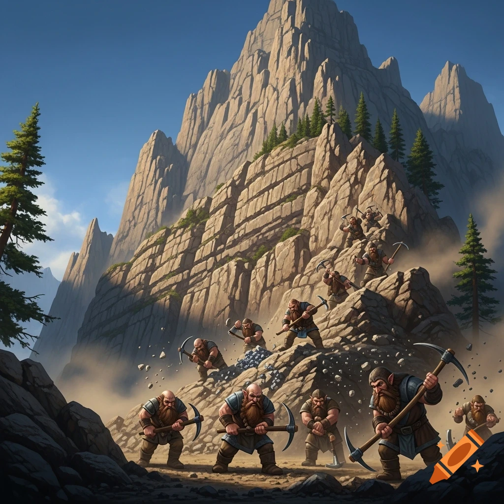 Multiple bearded dwarves with pickaxes diligently mine a large, jagged mountain under a clear blue sky, with rocks and dust scattering.