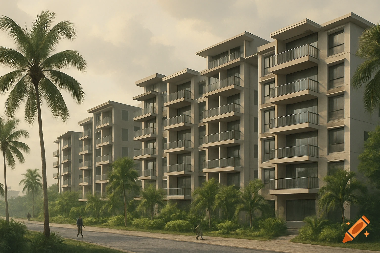 A row of modern apartment buildings with balconies, surrounded by palm trees and lush greenery, under an overcast sky.