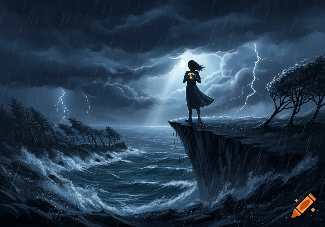Dramatic illustration of a figure on a cliff overlooking a stormy sea, holding a glowing object to their chest as lightning strikes.