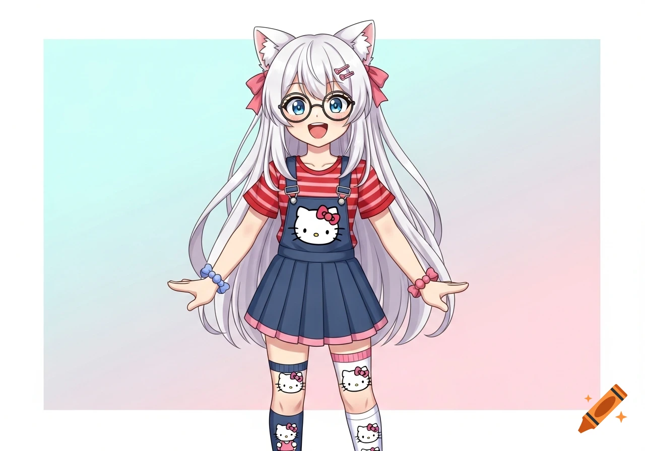 Cute anime character with long white hair, cat ears, glasses, a red striped shirt, Hello Kitty overall skirt, mismatched socks, and a cheerful expression on a pastel background.