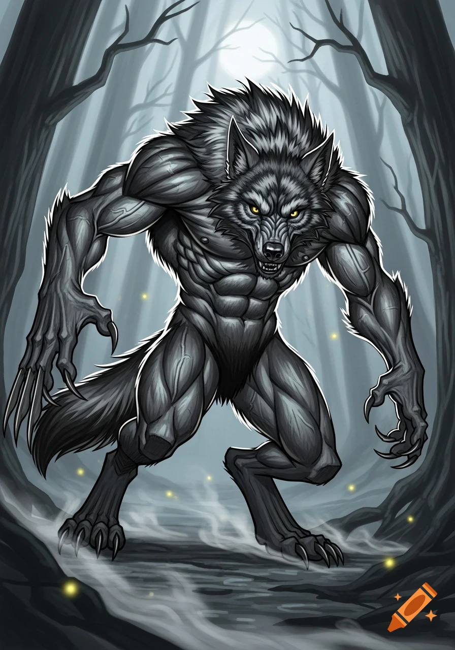 A powerful, grey werewolf with glowing yellow eyes stands menacingly in a dark, misty forest under a full moon.