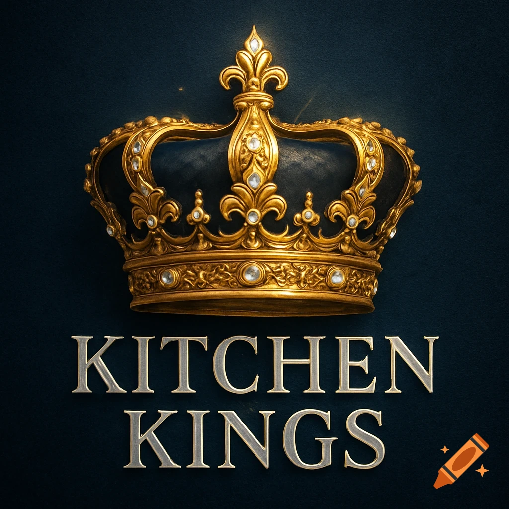 A detailed golden crown adorned with jewels over a dark background, with the words 'KITCHEN KINGS' in silver text below it.