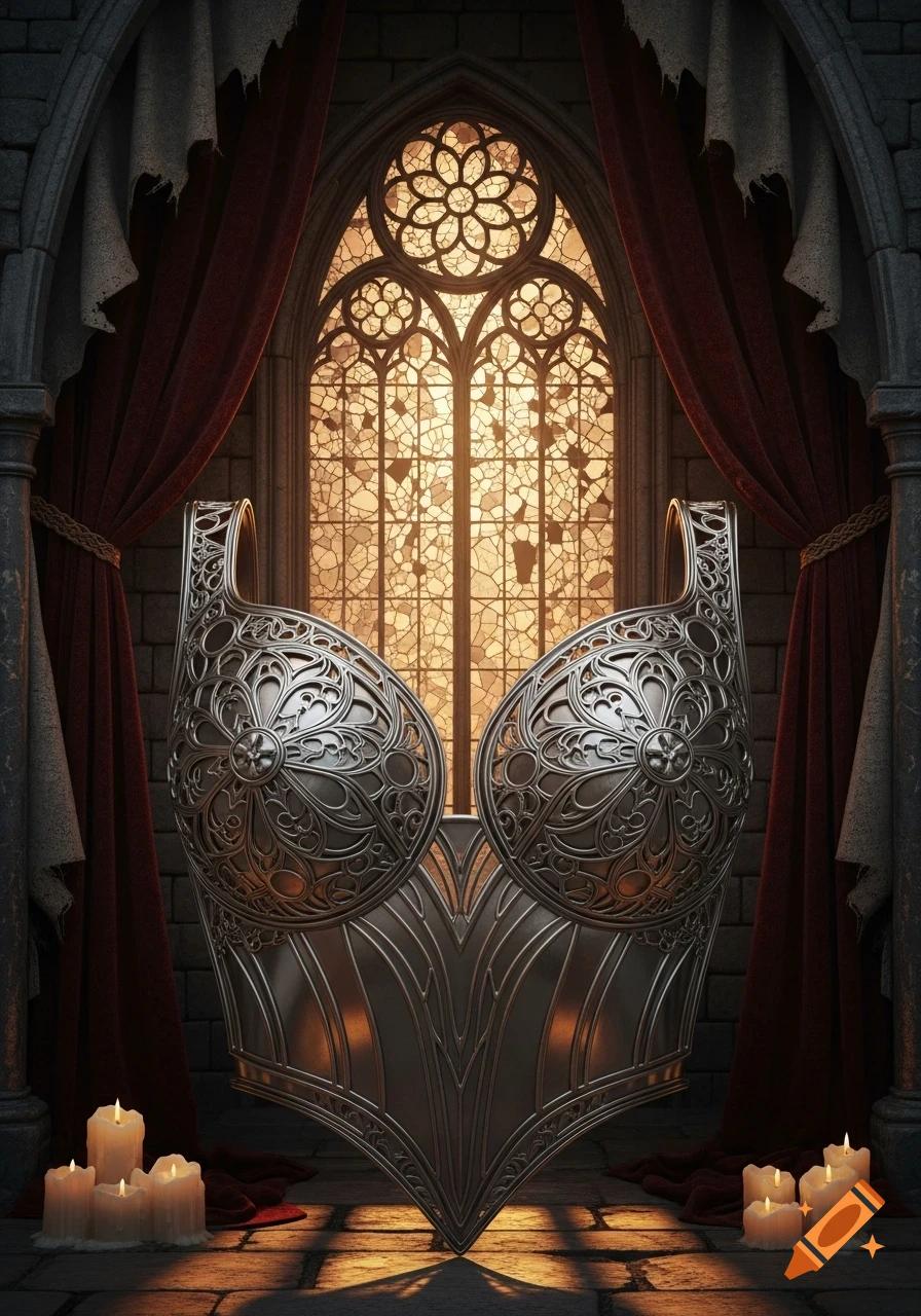 An ornate silver metal breastplate with gothic patterns stands in a dark, stone room, lit by a large stained-glass window and candles.