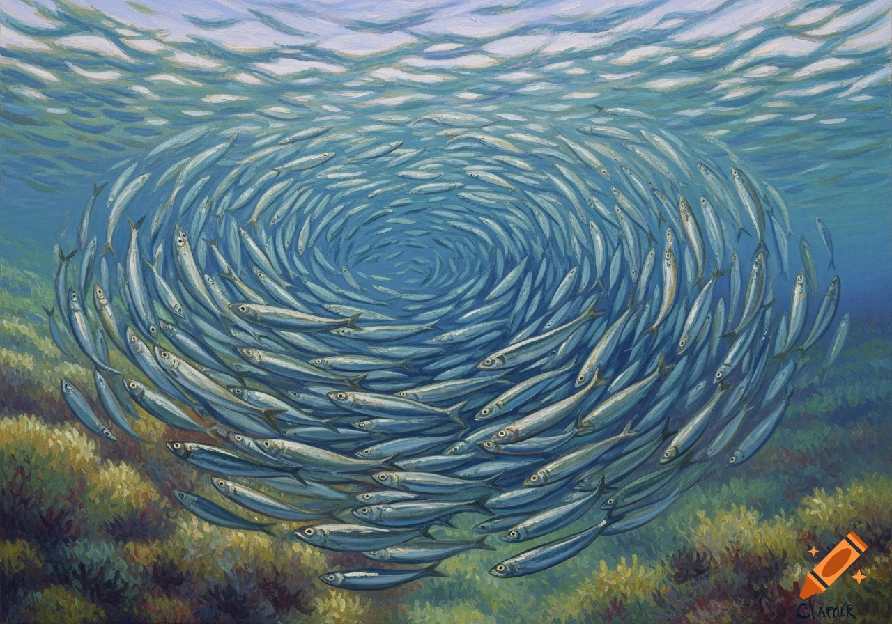 Impressionist oil painting depicting a large shoal of sardines swirling in a tight spiral formation underwater above a vibrant seabed.
