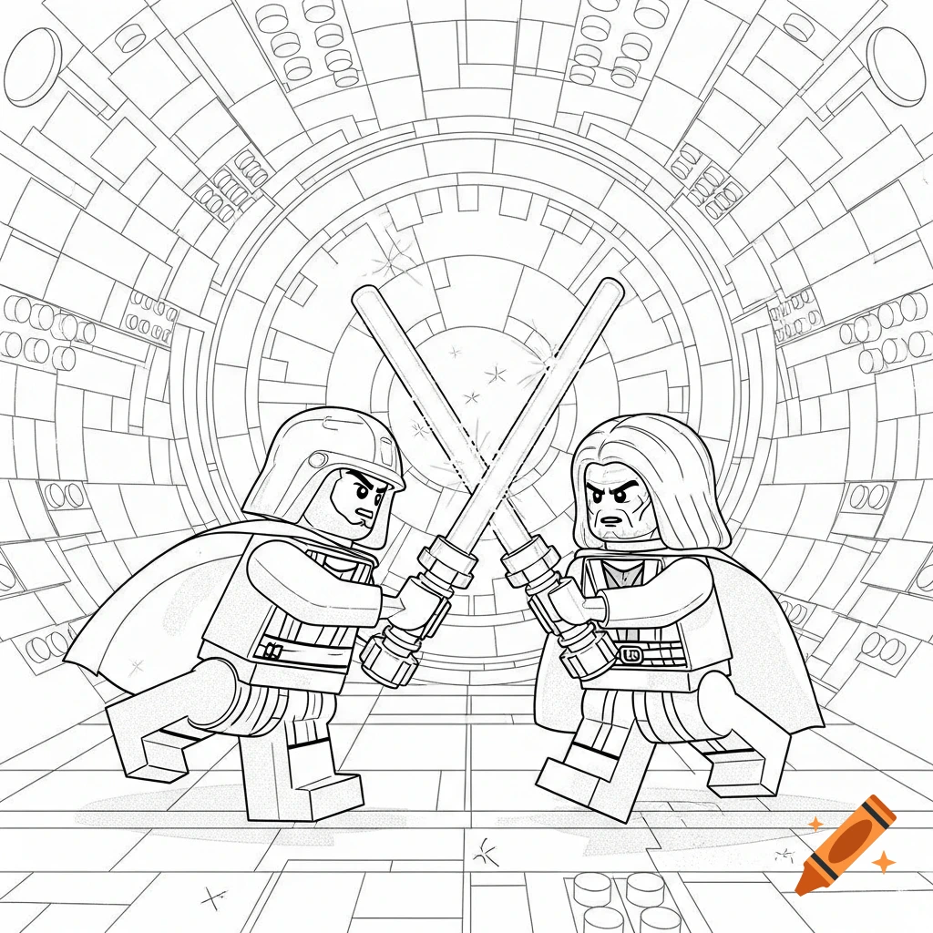 A black and white line drawing of Lego Darth Vader and Obi-Wan Kenobi in a lightsaber duel inside a spaceship.