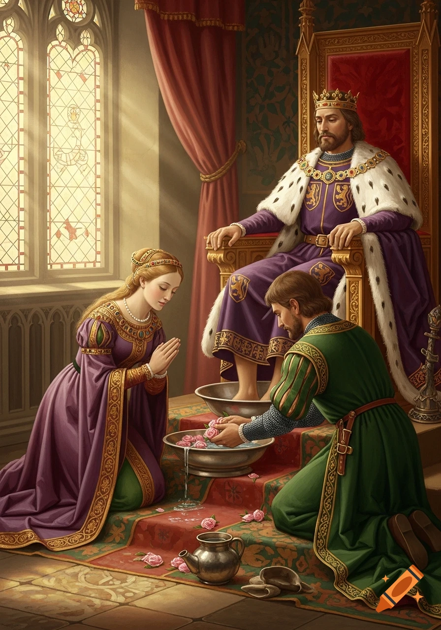 A king on a throne gets his feet washed by a man while a woman in a purple gown kneels, in a detailed historical painting.
