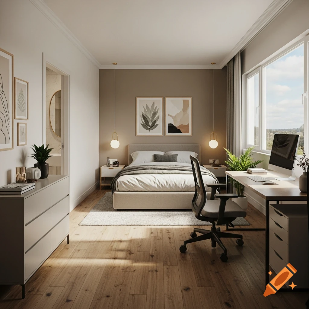 A photorealistic image of a modern bedroom with a double bed, a desk with a computer by a large window, and a dresser.