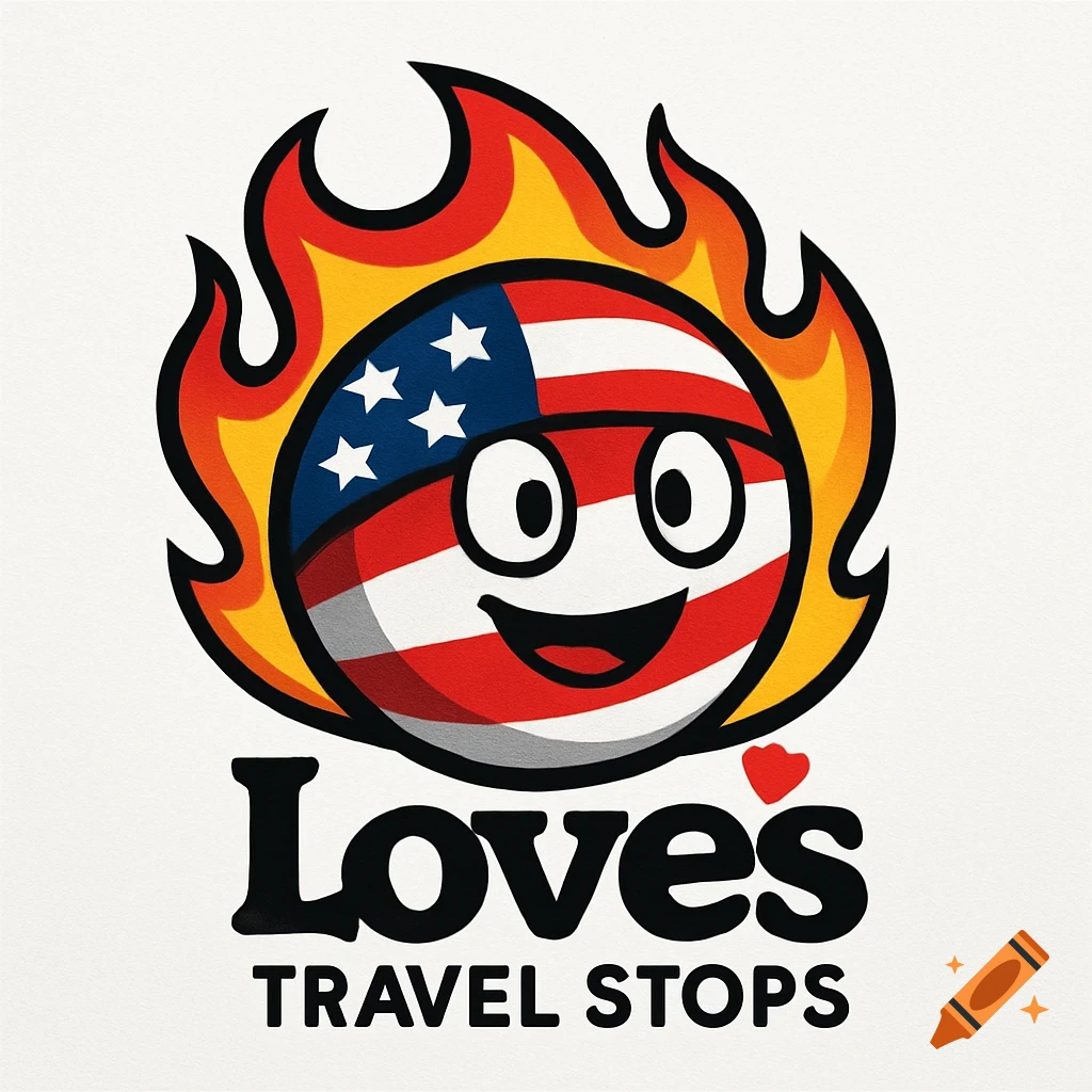 Cartoon logo of a happy USA flag countryball with a fiery halo, above the text 'Love's TRAVEL STOPS'.