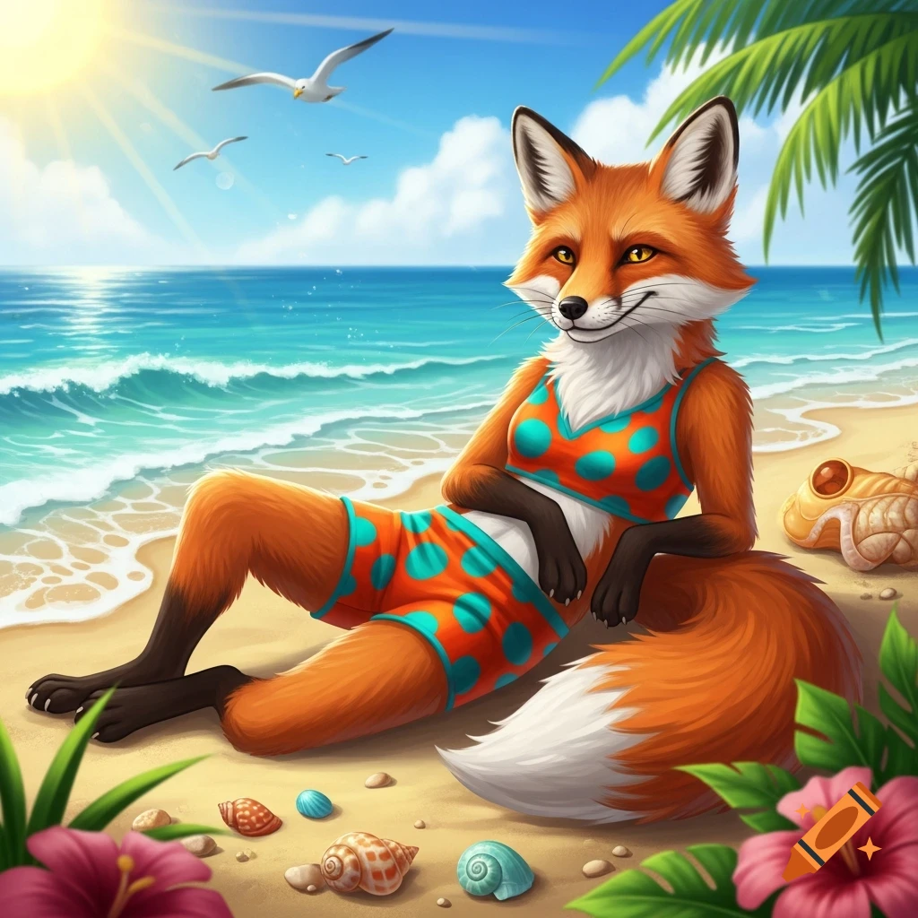A cartoon anthropomorphic fox in an orange and teal polka-dot bathing suit lounges on a sunny beach with ocean waves and seashells.