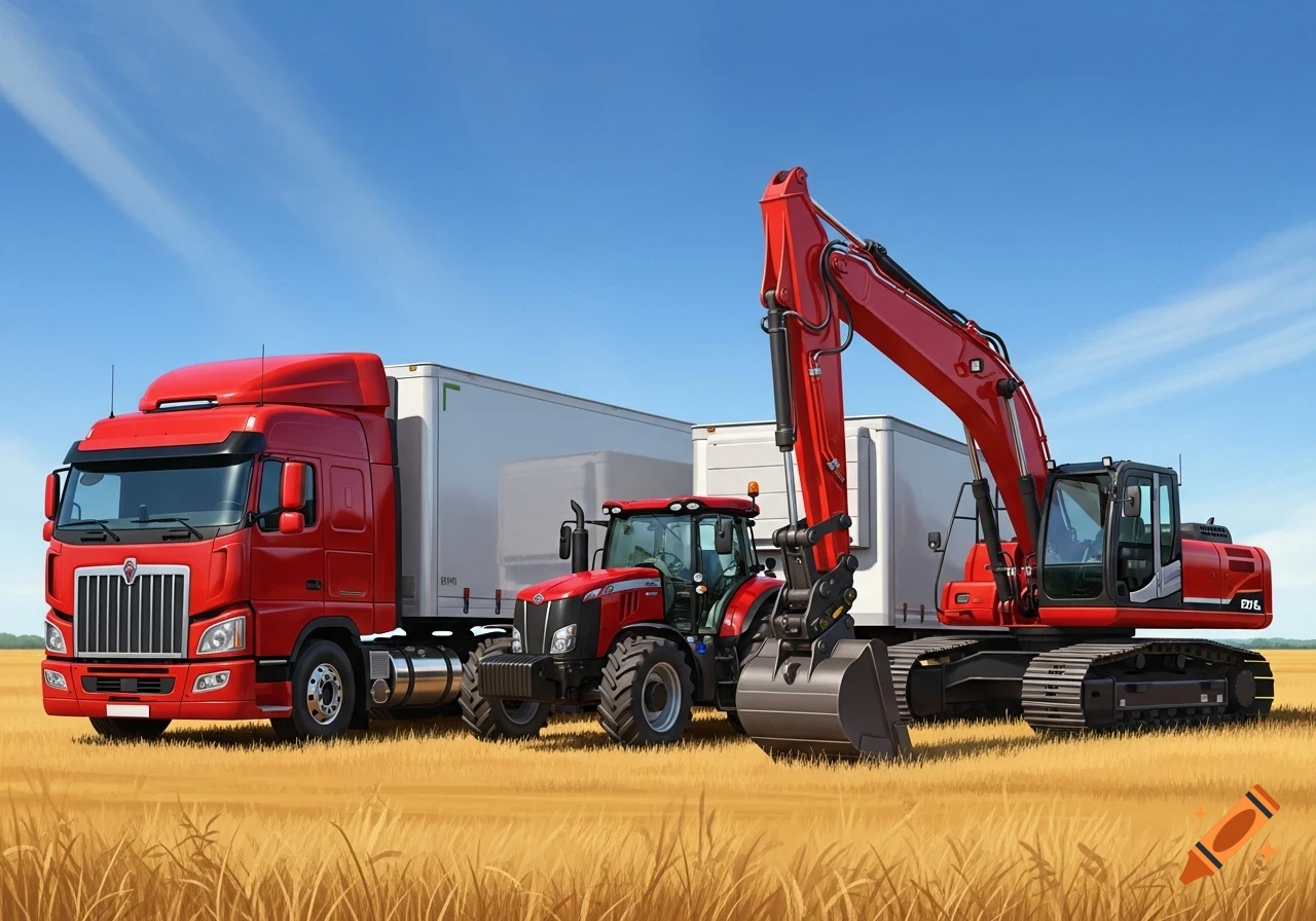 A red semi-truck, tractor, and excavator stand in a golden wheat field under a blue sky, in a painted style.