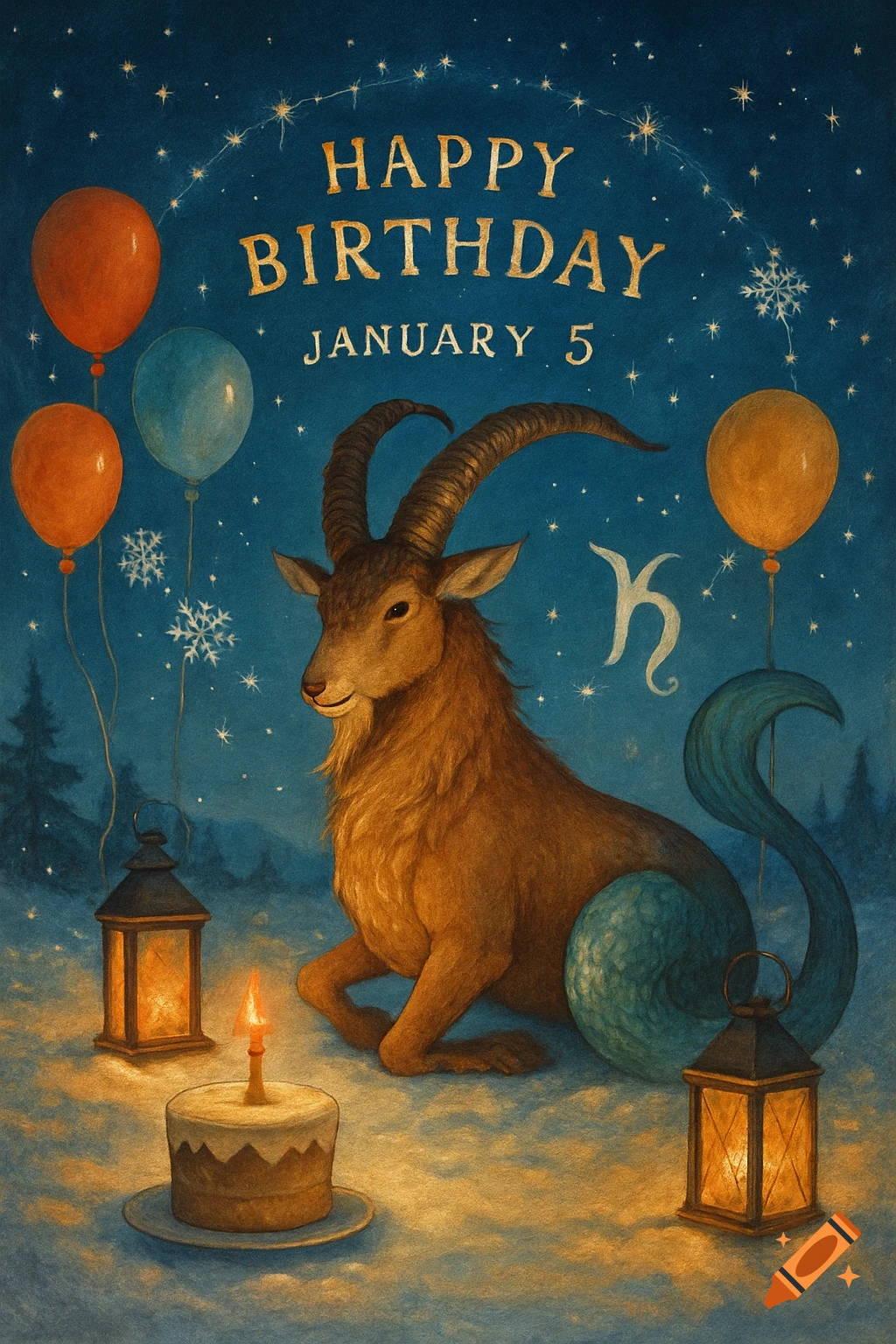 A stylized illustration of a Capricorn creature sitting in snow under a starry night sky with balloons, lanterns, and a birthday cake. Text reads 'HAPPY BIRTHDAY JANUARY 5'.